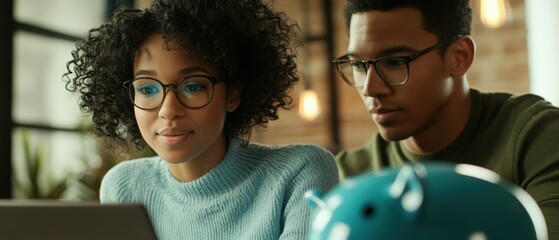 Couple using laptop for financial planning at home, discussing savings strategy and investment options, analyzing budget for future security and goals.