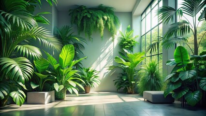 Fototapeta premium Lush Indoor Oasis Sunlit Room Filled with Vibrant Tropical Plants and Modern Minimalist Furniture