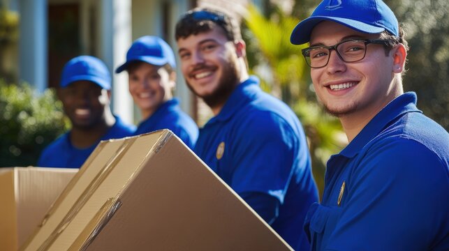 Delivery team with boxes smiling outdoors, showcasing teamwork, logistics and customer service in moving industry. Professional movers supporting relocation services.