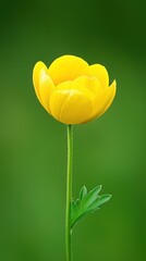 A vibrant yellow flower stands tall against a soft green background, showcasing its delicate petals and slender stem.