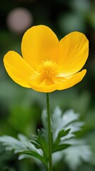 Fototapeta premium A vibrant yellow flower with delicate petals, standing tall on a slender green stem, surrounded by lush greenery.