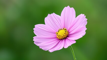 A delicate pink flower with yellow center petals stands gracefully against a soft green background, showcasing nature's beauty.