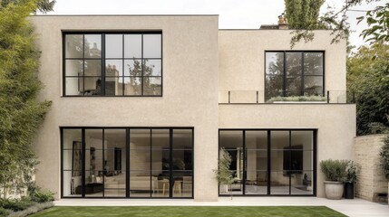 Naklejka premium Modern beige house with large black-framed windows and garden.