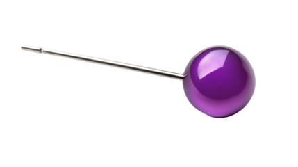 Purple glossy sphere with metal stick on transparent background