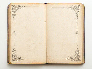 Antique book open to a blank page with ornate corner designs.  Aged paper and delicate details.