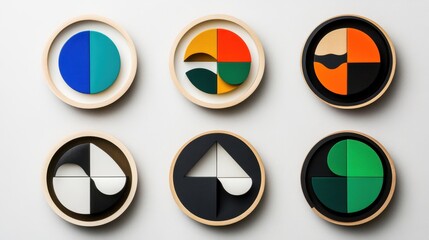 Colorful geometric shapes arranged in circular wooden frames