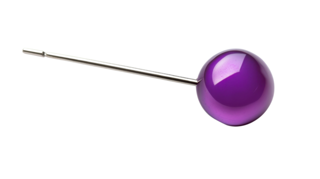 Purple glossy sphere with metal stick on transparent background