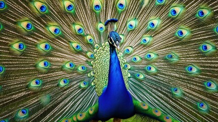 Obraz premium Peacock Displaying its Feathers: A male peacock, vibrant with iridescent blue, green, and gold hues, proudly displays its stunning tail feathers, a breathtaking spectacle of nature's artistry. 