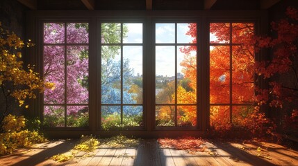 Inside a house, a window divided into four parts, with each section showing a different landscape representing one season