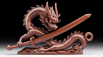 Intricate Red Wood Dragon Sculpture with Sword