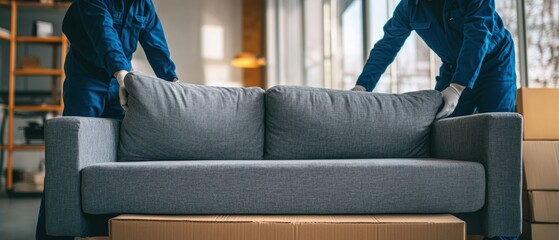 Moving company employees arranging a gray sofa in a bright living room. Furniture delivery, home staging, and residential relocation services concept.