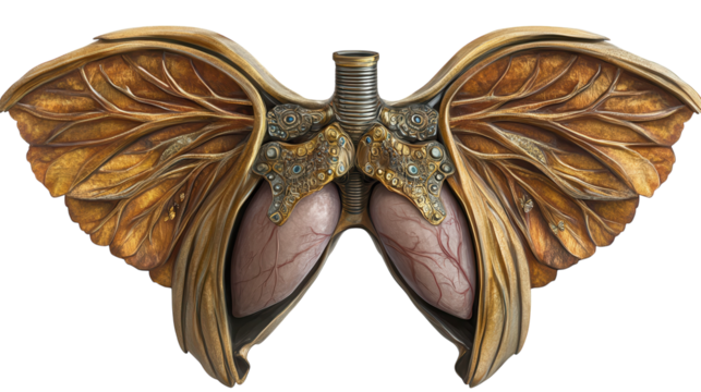 Unique artistic representation of lungs designed with organic and metallic elements in a surreal style