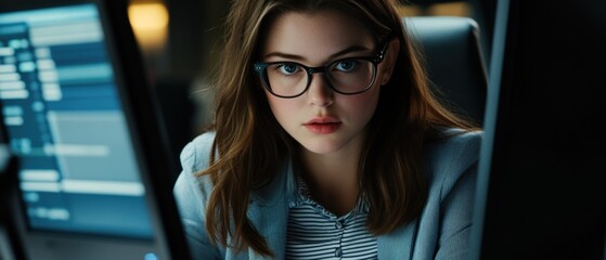 Professional woman working intently at computer, analyzing data in a modern office environment. Focus on digital technology and productivity in finance sector.