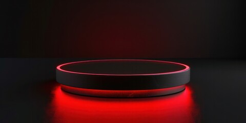 red lighting round podium black circle cylinder platform advertisement presentation glowing shine illuminated stage empty blank modern floor elegant invitation event ceremony product store shop retail
