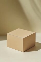 Simple cardboard box with blank label on flat surface, minimal design
