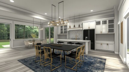 Modern kitchen and dining area design, open-plan layout, natural light, backyard view, home design visualization