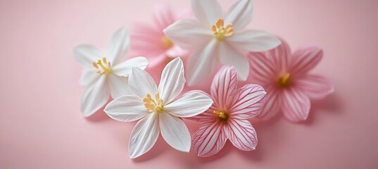 Pink, White Spring Flowers Minimalist Arrangement, Pastel Background, Macro Photography
