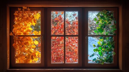 Inside a house, a window divided into four parts, with each section showing a different landscape representing one season