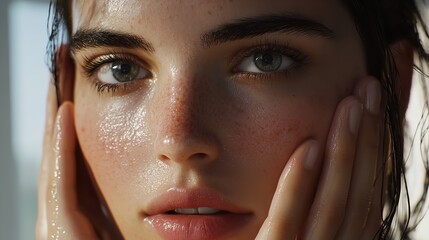 closeup portrait of a radiant woman with glowing skin touching her face and smiling showcasing the results of advanced skincare treatments in soft flattering light