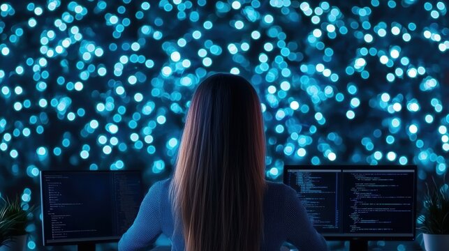 data dashboard illustrating Social Media Social media manager analyzing data on a dashboard, office setting with multiple screens, represents managing social media presence