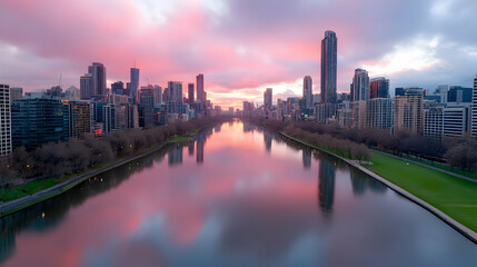 Obraz premium City sunrise, lake reflection, park, urban skyline, travel poster