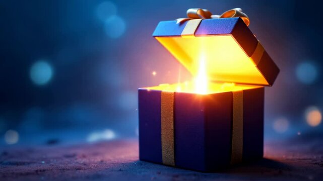Magical glowing gift box opening sequence on dark blue background. Christmas present with golden light. Holiday surprise animation concept for greeting cards and celebrations with copy space