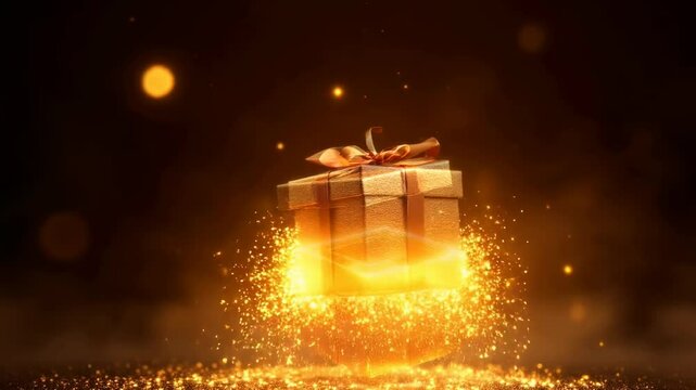 Magical glowing gift box opening with golden light. Luxury present floating in dark space with sparkling particles. Holiday celebration animation concept for banner, video intro with copy space