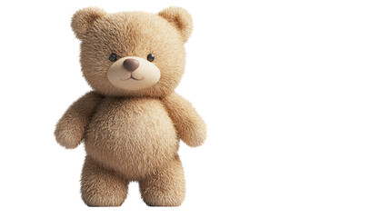 Soft and cuddly teddy bear with fluffy texture standing on a white background in a playful pose