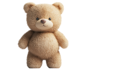 Soft and cuddly teddy bear with fluffy texture standing on a white background in a playful pose