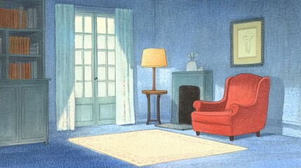 Serene Interior A Red Armchair by a Window in a Blue Room