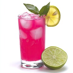 Pink cocktail, lime garnish, ice cubes, white background, refreshing summer drink