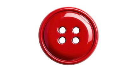 Bright red button with four holes displayed on a white background showcasing its glossy finish