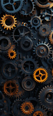 Design of steampunk-style gears on a black background, Rusted Gears on Dark Textured Background