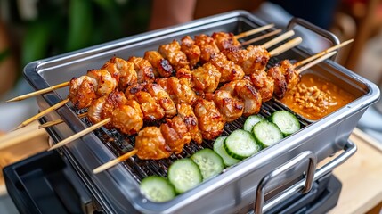 Delicious Grilled Chicken Skewers with Fresh Cucumbers and Tangy Sauce on an Outdoor Barbecue Setup