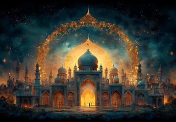 Majestic fantasy palace illuminated under a starry night sky

