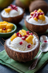 Coconut ice cream in coconut shells, with mango and pomegranate on green napkins, surrounded by coconuts, dark background