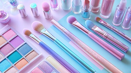 Naklejka premium Pastel Makeup Brushes and Cosmetics: A Dreamy, Iridescent Collection