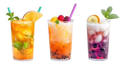 Refreshing summer drinks displayed in clear glasses on a white background showcasing vibrant colors and fresh garnishes