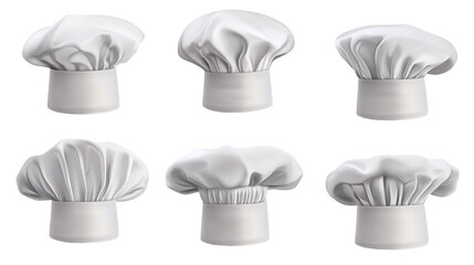 Various styles of white chef hats displayed on a plain background for culinary design inspiration