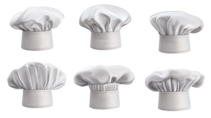 Various styles of white chef hats displayed on a plain background for culinary design inspiration