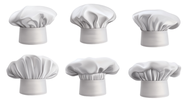 Various styles of white chef hats displayed on a plain background for culinary design inspiration
