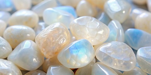 Close-up view of tumbled, iridescent stones with subtle color variations