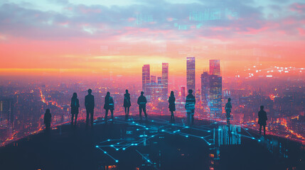 Obraz premium Abstract business team stands on the peak of success amid tall, innovative Smart city and graphs with statistics to analyze business potential and predict future developments in company growth.