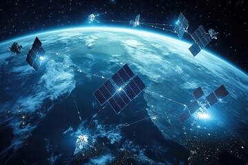A glowing network of satellites orbiting the Earth, symbolizing advancements in global communication technology