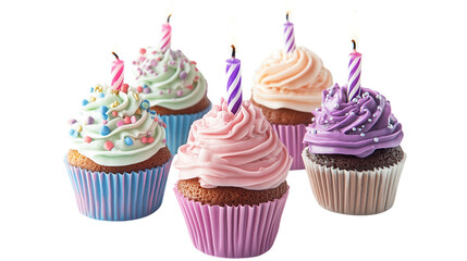 Colorful cupcake assortment with birthday candles celebrating joy and sweetness at a festive gathering