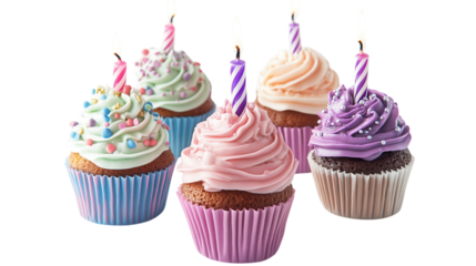 Colorful cupcake assortment with birthday candles celebrating joy and sweetness at a festive gathering