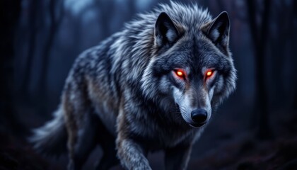Fototapeta premium Ferocious Wolf with Glowing Red Eyes in Dark Forest