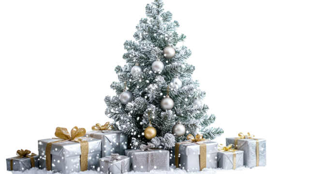 Snow-covered Christmas tree adorned with ornaments and silver gifts at holiday time