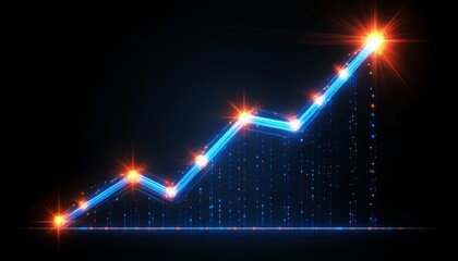 Abstract Blue Financial Graph, Upward Trend, Orange Glow, Circuit Pattern, Black Background