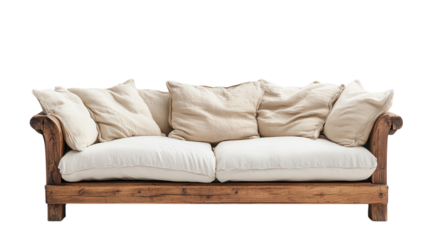 Modern rustic sofa with soft beige cushions in a minimalistic design for cozy living spaces